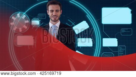 Animation of data processing over businessman touching screen. global business, digital interface, technology and networking concept digitally generated video.