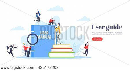 User Manual Guide Book Flat Style Design Vector Illustration. Tiny People, Magnifying Glass And Guid