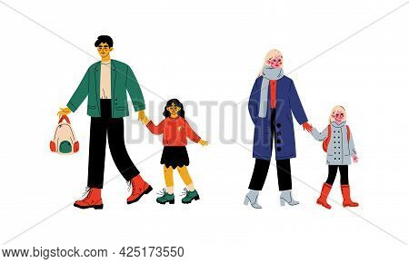 Father And Mother Holding Hand Of Their Daughter Bringing Her To School In The Morning Vector Set