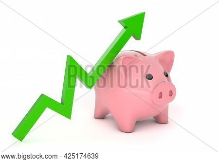 Piggy Bank And Green Up Arrow. Savings Growth Graph. Isolated On White Background. 3d Render