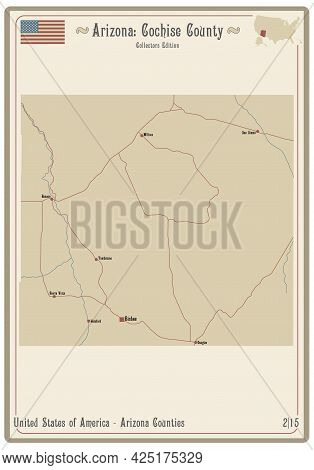 Map On An Old Playing Card Of Cochise County In Arizona, Usa.