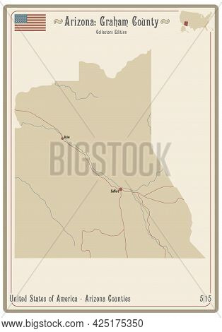 Map On An Old Playing Card Of Graham County In Arizona, Usa.