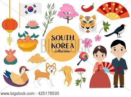 South Korea Set Of Objects. Korean National Collection Of Design Elements With Traditional Symbols. 