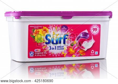 Poznan, Pol - Jun 10, 2021: A Box Of Surf Capsule Laundry Detergent Product, Manufactured And Market