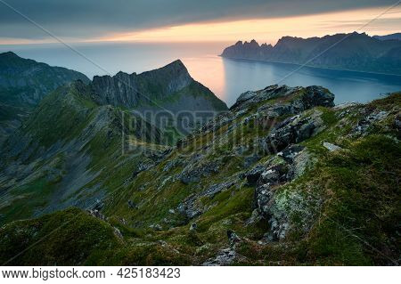 Panoramic View From The Husfjellet Mountain, Senja, Norway. Nordic Summer Landscape