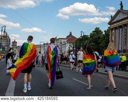 Berlin, Germany - June 26, 2021 - People At The Christopher Streer Day (csd) Demonstration Carry A R