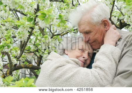 Glade bedsteforældre på baggrund af blomstrende have