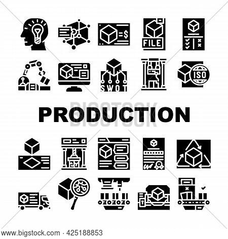 Production Business Collection Icons Set Vector. Discussion And Calculating Cost Of Production, Digi