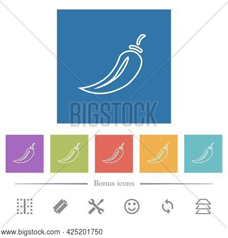 Chili Pepper Flat White Icons In Square Backgrounds. 6 Bonus Icons Included.