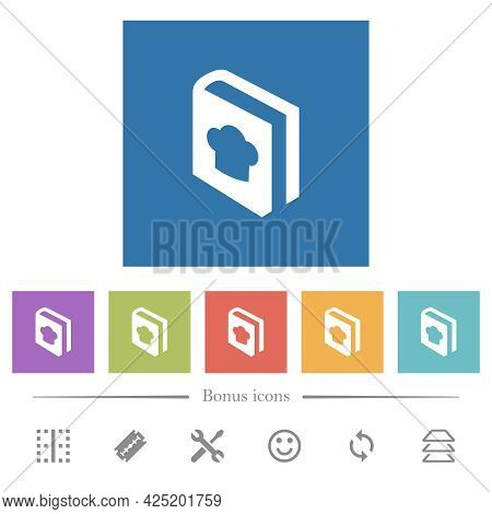 Cookbook With Chef Hat Flat White Icons In Square Backgrounds. 6 Bonus Icons Included.