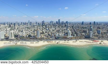 Israel Beach On Mediterranean Sea, Aerial View, Israel. Tel-aviv