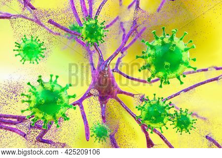 Viruses Infecting Neurons. Neuronal Destruction. Concept For Brain Infection, 3d Illustration. Viral
