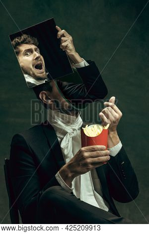 Model Like Medieval Royalty Person In Vintage Clothing Headed Of Mirror. Concept Of Comparison Of Er