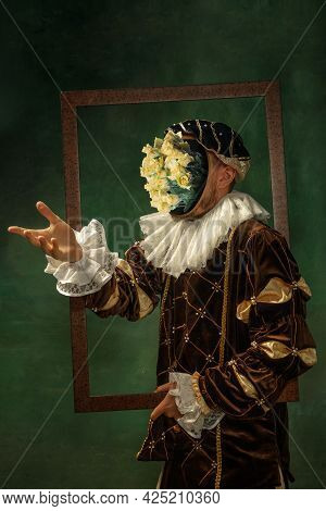 Model Like Medieval Royalty Person In Vintage Clothing. Concept Of Comparison Of Eras, Artwork, Rena
