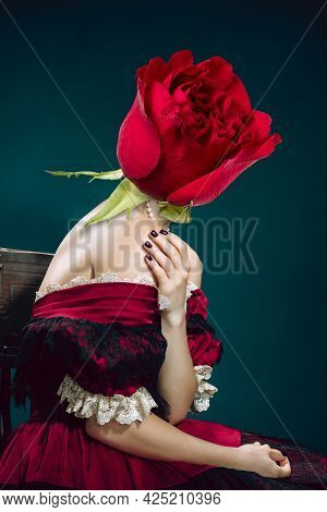 Young Woman Headed Of Flower Red Rose. Concept Of Comparison Of Eras, Artwork, Renaissance, Baroque 