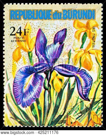 Burundi - Circa 1973: A Postage Stamp From Burundi Showing Garden Flowers Iris Tingitana