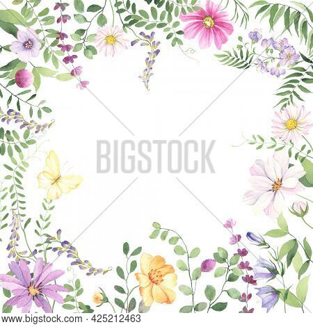 Summer frame of wildflowers, wild green plants and butterfly yellow color. Colorful floral watercolor background for invitation or greeting card, poster, nature banner, square border. 