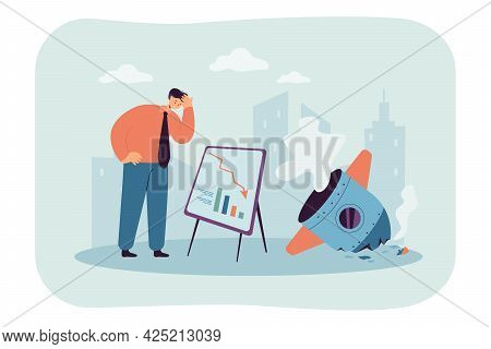 Bankrupt Businessman With Bad Strategy And Debris Of Rocket. Unsuccessful Plan Or Idea, Space Vehicl