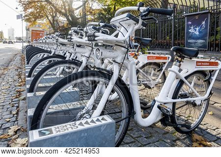 Copenhagen, Denmark - Oct 21, 2018: Bicycle Sharing Station Along Hans Christian Andersens Boulevard
