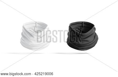 Blank Black And White Folded Neck Gaiter Mockup, No Gravity, 3d Rendering. Empty Protect Fleece Head