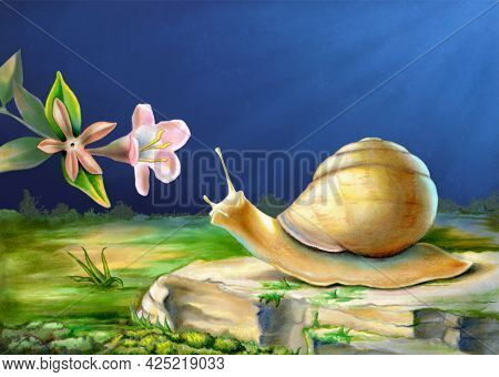 Snail exploring its surroundings and reaching out to a flower. Mixed media illustration.