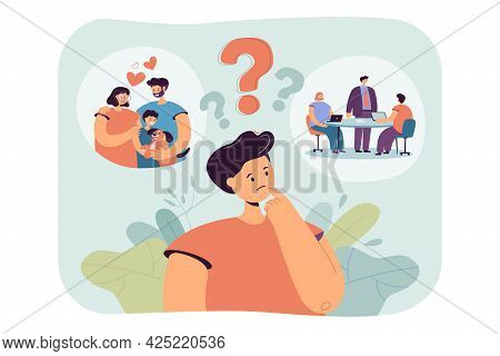 Young Man Thinking About Future. Flat Vector Illustration. Guy Making Difficult Choice Between Happy