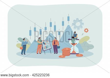 Business People With Stock Market Candlestick Chart. Company Characters Working On Finance Plan, Ana