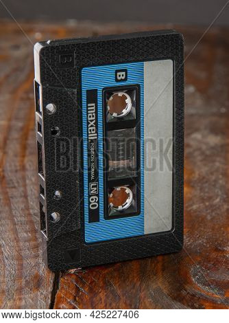Krasnodar, Russia - March 11, 2021: The Audiotape Is Framed In A Classic Black Maxell Case, Set Agai