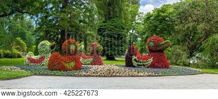 Flower Ducks In The German Botanical Garden On The Flower Island Insel Mainau