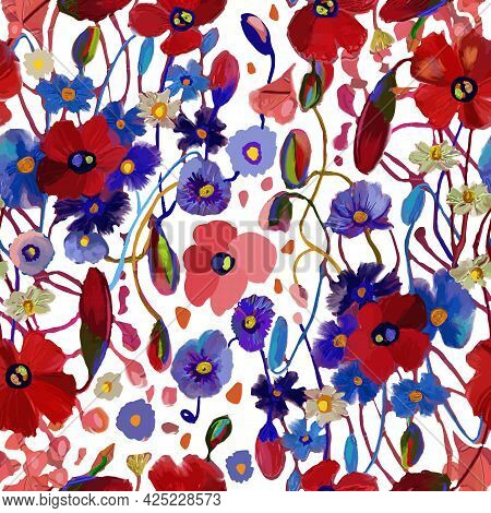 Simple Cute Pattern With Small Poppies Flowers. Millefleurs. Liberty Style. Drawn Floral Seamless Me