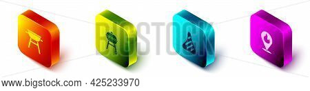 Set Isometric Barbecue Grill, , Steak Meat And Location With Fire Flame Icon. Vector