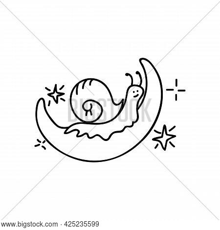 Single Hand Drawn Snail On The Moon. Doodle Vector Illustration. Isolate On A White Background. Gobl