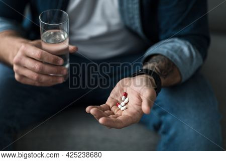 Deeply Unhappy, Depressed Man, Suicide, Taking Somnifacient, Antidepressant, Overdose Drug