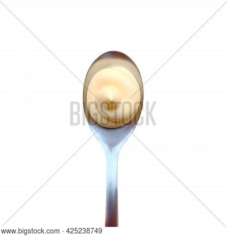 Mayonnaise Drop In The Spoon. Top View Of Sause Splash Isolated On White Background. High Reolution 