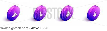 Set Isometric Church Tower, Christian Cross, Babel Bible Story And Religious In Heart Icon. Vector