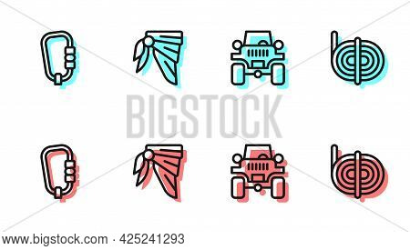Set Line Off Road Car, Carabiner, Bandana Or Biker Scarf And Climber Rope Icon. Vector