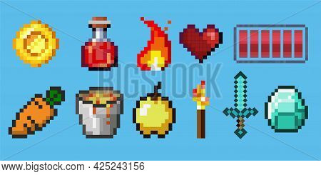 Set Of Vector Pixel Objects. Potion Bottles, Fire Flame, Sword, Torch, Emerald And Heart. Objects Fo