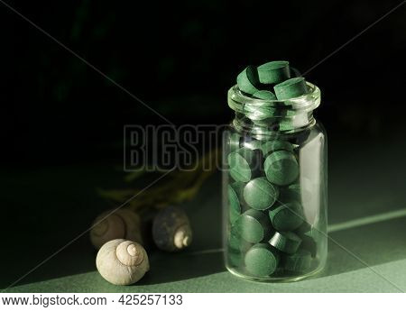 Spirulina Chlorella In Glass Jar, Sea Shells On Green Background. Antioxidant Nutrition. Bio-energy,
