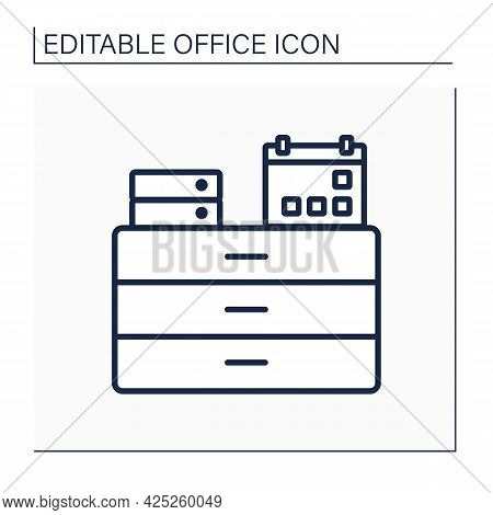 Commode Line Icon. Furniture. Commode With Calendar And Folders On It. Workplace. Office Concept. Is