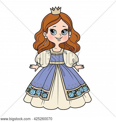 Cute Cartoon Princess Girl In Ball Gown And Little Crown Color Variation For Coloring Page On A Whit