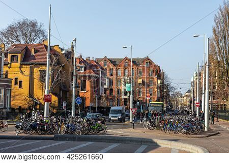 Netherlands, Amsterdam - 12 March 2016: Bicycles Parked At Paulus Potterstraat. The Center Of The Ca