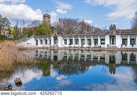 Berlin, Germany - April 25, 2021: Garden Monument Rudolph Wilde Park With The Duck Pond And The Carl