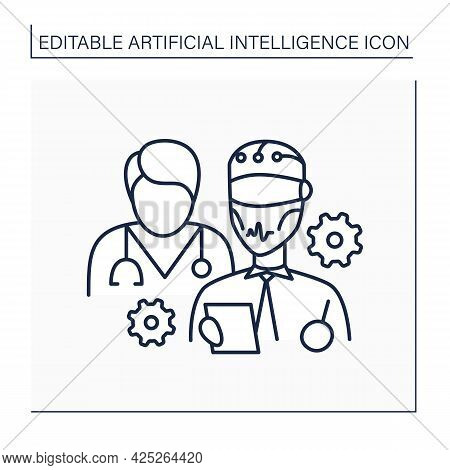Ai In Medicine Line Icon. Robot And Doctor Improve Medical Sphere. Modern Technologies Help People. 
