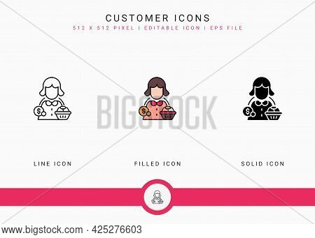 Customer Icons Set Vector Illustration With Solid Icon Line Style. Consumer Satisfaction Check Conce