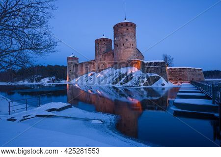 Ancient Fortress Of The City Of Savonlinna On The March Twilight. Finland