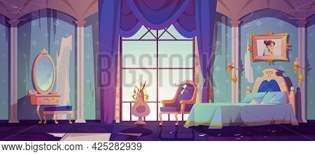 Abandoned Princess Bedroom Interior, Dilapidated Room With Broken Vintage Furniture, Bed, Ragged Wal