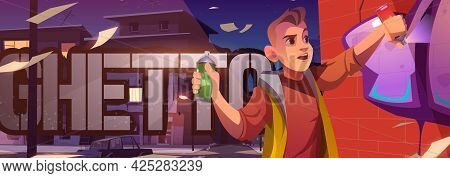 Graffiti Painter In Night Ghetto Cartoon Banner. Boy Teenager Painting On Brick Wall With Aerosol In