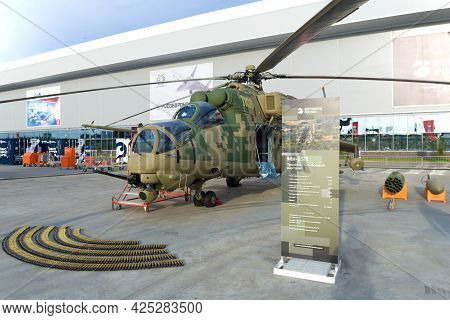 Moscow Region, Russia - August 25, 2019: Russian Transport-combat Helicopter Mi-35p 
