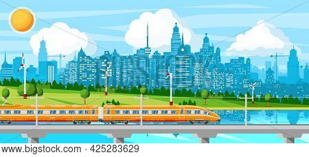 Skytrain And Landscape With Cityscape. Super Streamlined Train. Passenger Express Railway Locomotive
