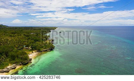 Beautiful Tropical Beach And Turquoise Water View From Above. Bohol, Anda, Philippines. Summer And T